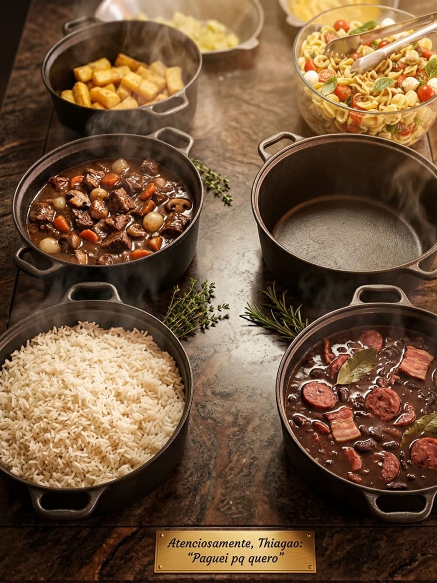 Panelas de ferro com feijoada e ensopados